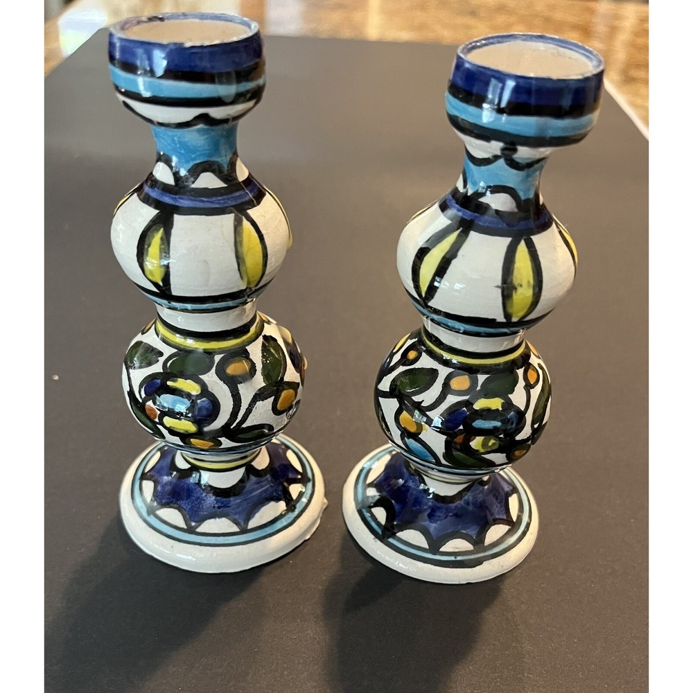 Israeli Ceramic Pottery Iznik Shabat Candlesticks Hand Painted
